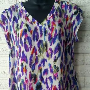 Cabi Sheer Feather Design Short Cap Sleeve Blouse